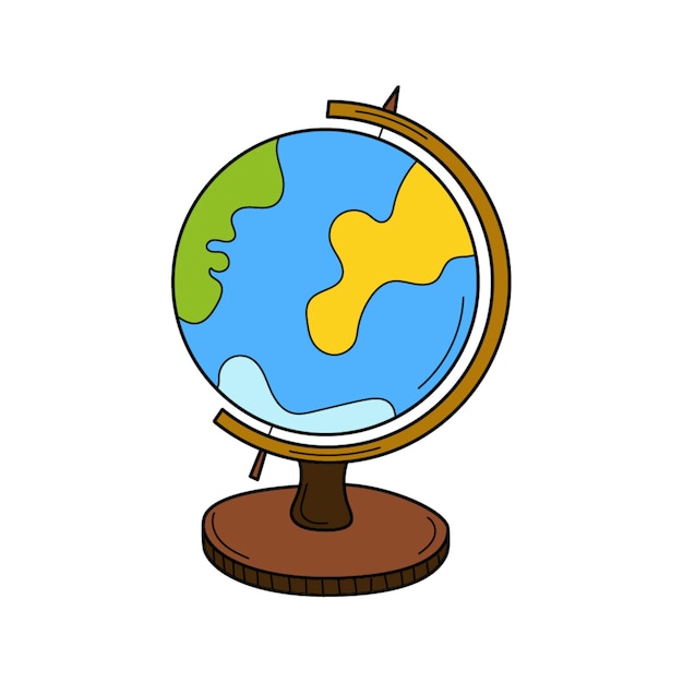 A globe on a stand. School item. Doodle. Globus. Hand-drawn Colorful vector illustration.