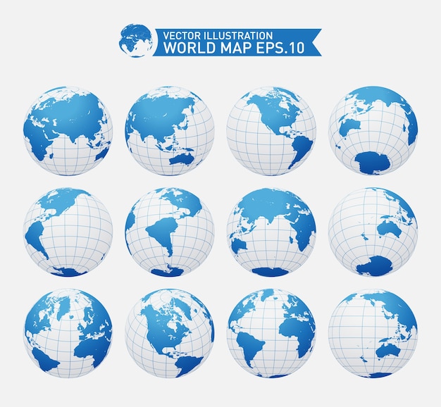 Vector globes showing earth with all continents