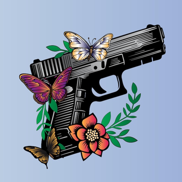 glock 17 gun with flowers and butterfly