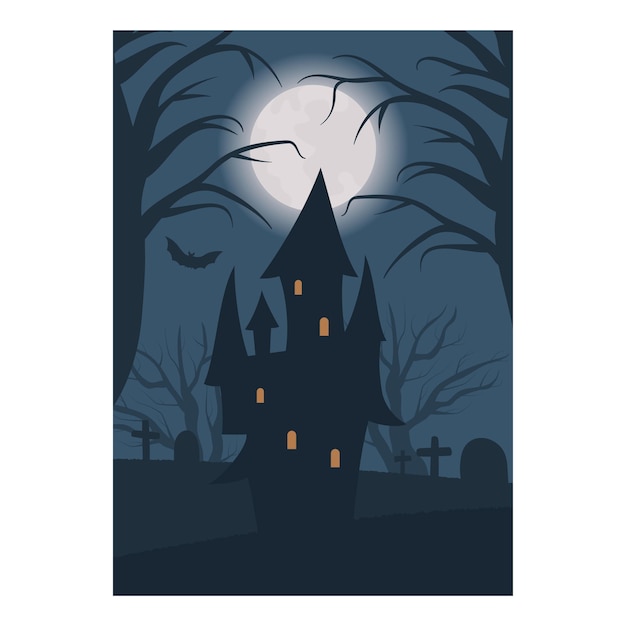 gloomy castle, graves, dry woods and full moon. scary view of halloween night