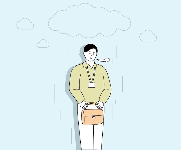 gloomy man on his way home from work illustration set cloud sigh rain bag Vector drawing