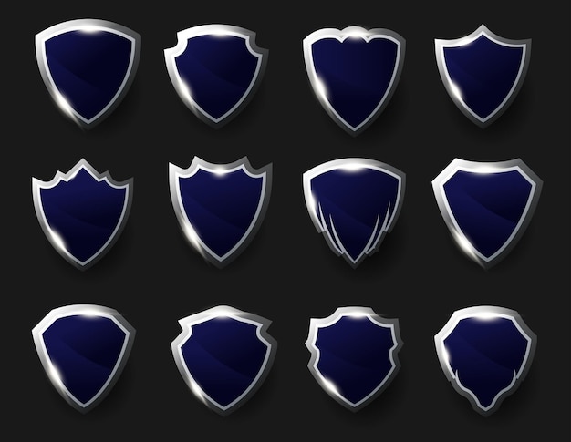 Glossy blue and silver shield emblem or badge collection. shield logo