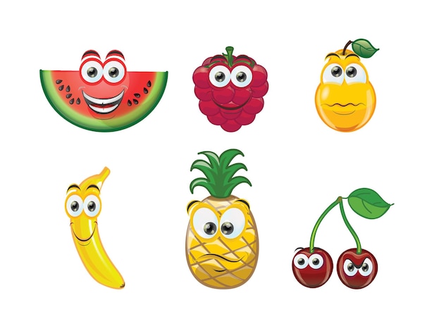 Glossy fruit set with cute face in cartoon style