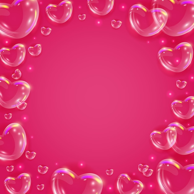 Glossy rainbow soap bubble hearts background Realistic transparent 3d hearts on pink background