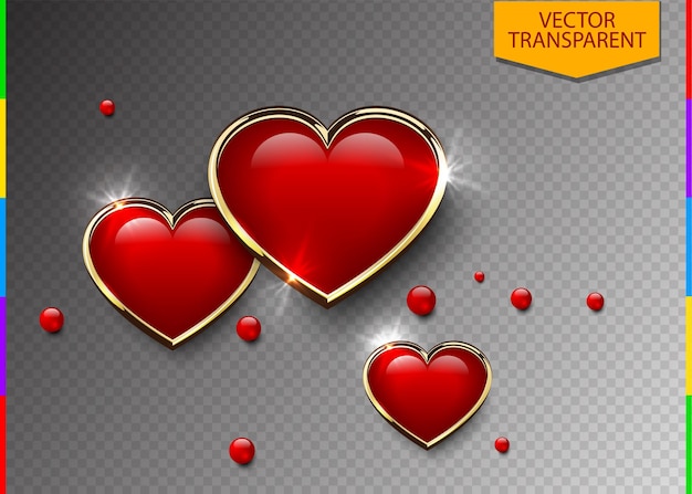 Glossy red 3d heart in golden frame and light effect on transparent background. Valentine's Day Greeting Card element. Love vector volume illustration