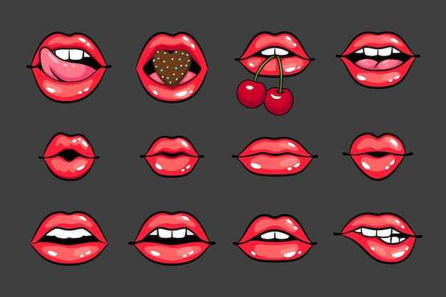 Glossy sexy smiles. Cartoon beautiful women lips with cherry and heart, glamorous smiles with teeth and tongue, vector illustration concept of sensual kisses isolated on dark background