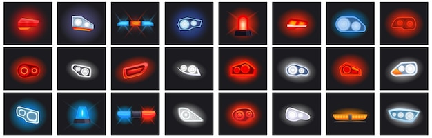 Vector glow car headlight beams icons set cartoon vector flare siren