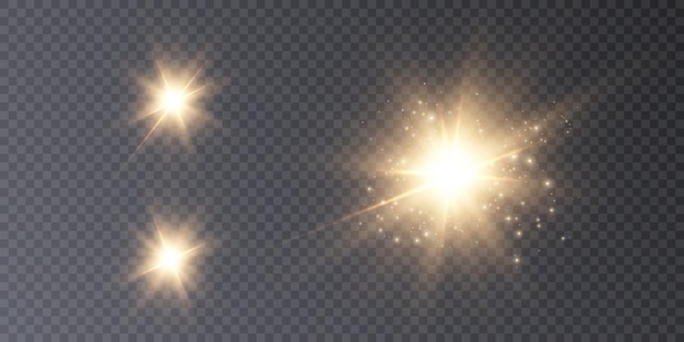 Glow of gold stars of light on a transparent background. Blurred light vector collection. Flash, sun