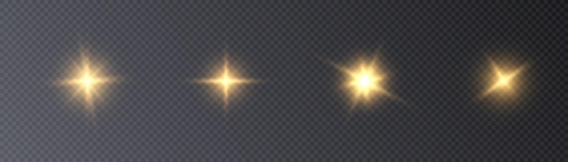 Glow of gold stars of light on a transparent background. Blurred light vector collection. Flash, sun