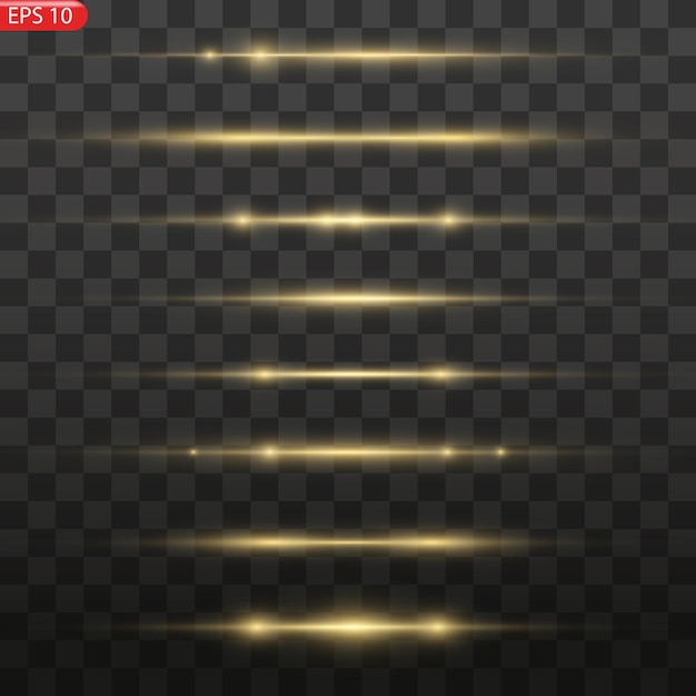 Glow lines set. Gold light effect on transparent background. Bright luxury flares. Horizontal energy