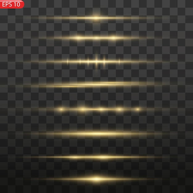 Glow lines set. Gold light effect on transparent background. Bright luxury flares. Horizontal energy