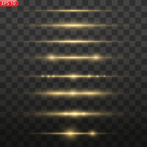 Glow lines set. Gold light effect on transparent background. Bright luxury flares. Horizontal energy