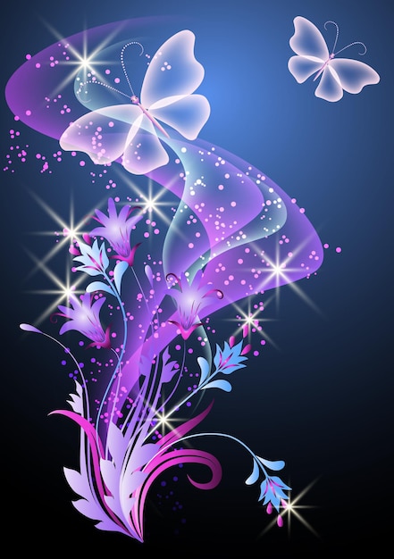 Glowing background with smoke flowers and butterfly