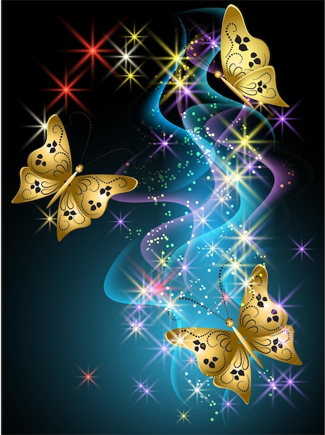 Glowing background with smoke stars and butterfly