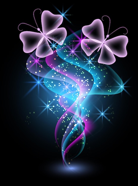 Glowing background with smoke, stars and butterfly