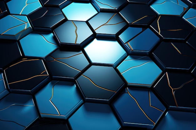 Vector glowing black and blue abstract hexagons background pattern on silver metal surface 3d rendering