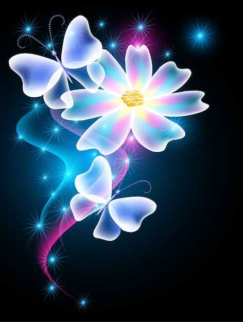 Glowing butterflies and smoke transparent flower with sparkle stars