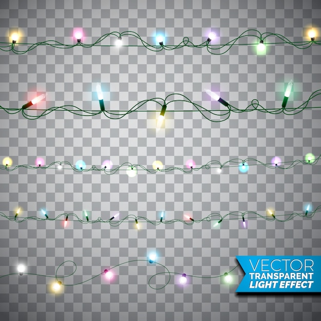 Glowing Christmas lights realistic isolated design elements on transparent background. Xmas garlands decorations for Holiday greeting card.