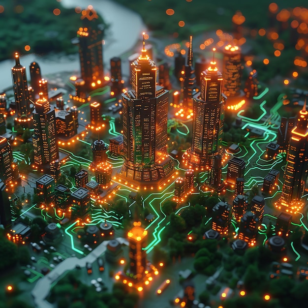 Vector a glowing cubic city on a circuit board background in a hightech style