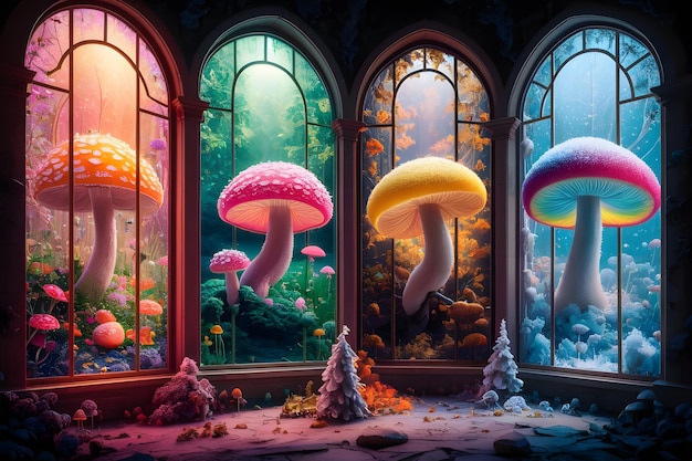 Glowing giant mushroom forest psychedelic fantasy of surrealism