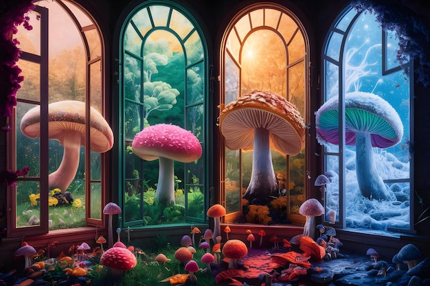 Glowing giant mushroom forest psychedelic fantasy of surrealism