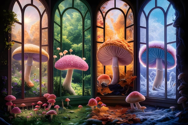 Glowing giant mushroom forest psychedelic fantasy of surrealism