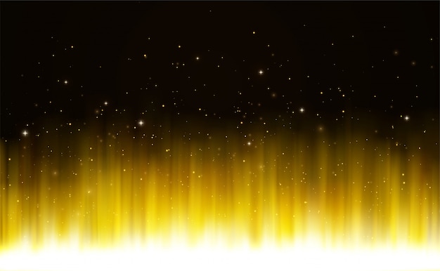 Glowing golden shining bright light with magic dust particles and stars.