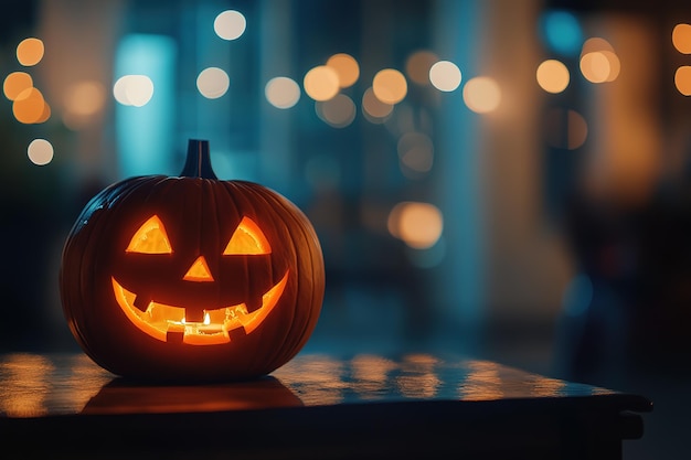 A glowing jackolantern sits on the table with blurred lights in the background High quality ar 32 v 61 Job ID 2d5a8776b00c43c68f583f69d4c416c2