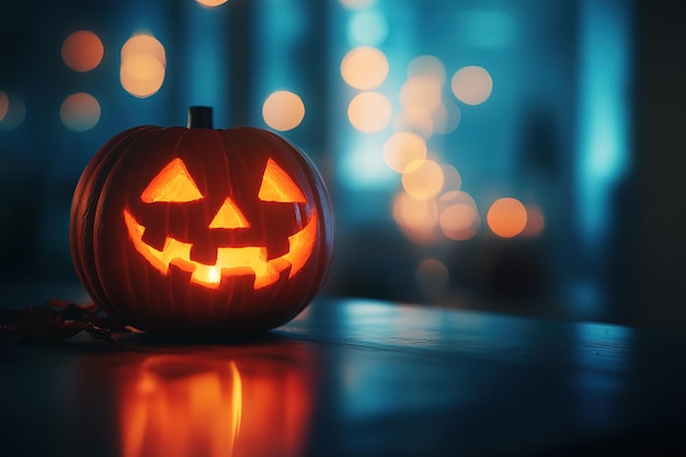 A glowing jackolantern sits on the table with blurred lights in the background High quality ar 32 v 61 Job ID 2d5a8776b00c43c68f583f69d4c416c2