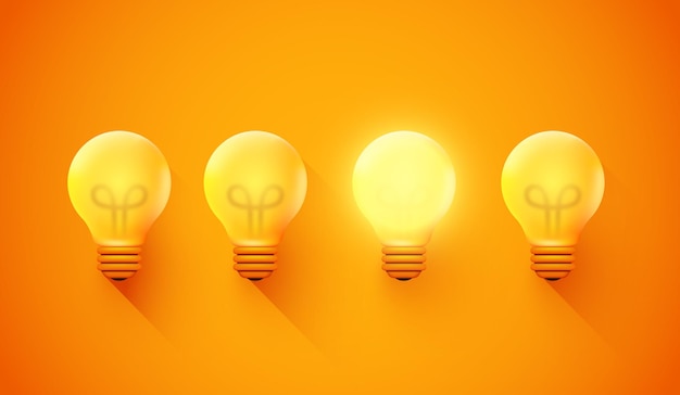 Vector glowing light bulb between the others on yellow light background leadership innovation great idea and individuality concepts