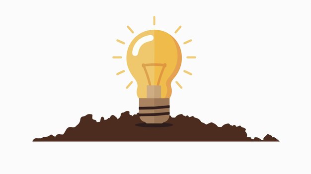 Vector glowing light bulb on soil in mixed media flat style vector illustration