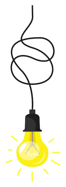 Glowing light bulb on tangled wire. Cartoon electric lightbulb, bright lamp, vector illustration isolated on white background