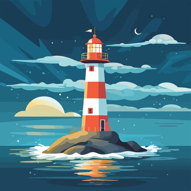 Vector glowing lighthouse on seashore at rainy night flat vector