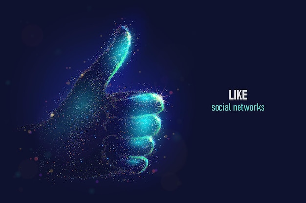 Glowing like hand gesture vector illustration made of neon particles. Bright magic social network thumbs up sign art in modern abstract style consists of colorful dots.