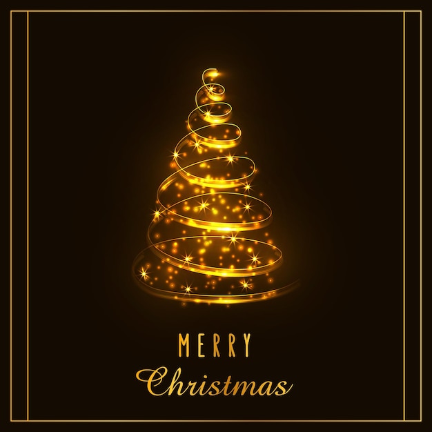 Glowing Magic Christmas Tree. Golden twinkling wonderful lights. Merry Christmas and Happy New Year 2022. Vector illustration.