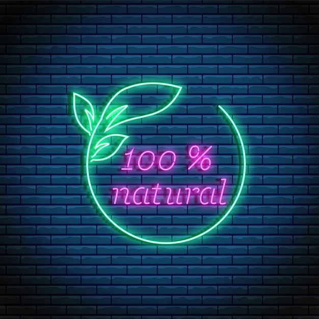 Glowing neon 100 % natural product sign. Green eco symbol. Organic products logo in neon style.