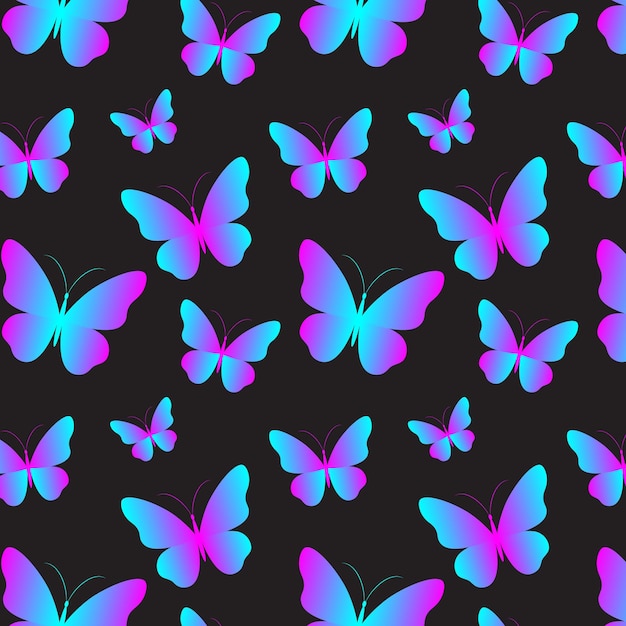 Glowing neon butterflies seamless pattern. Colorful holographic gradient design on black background