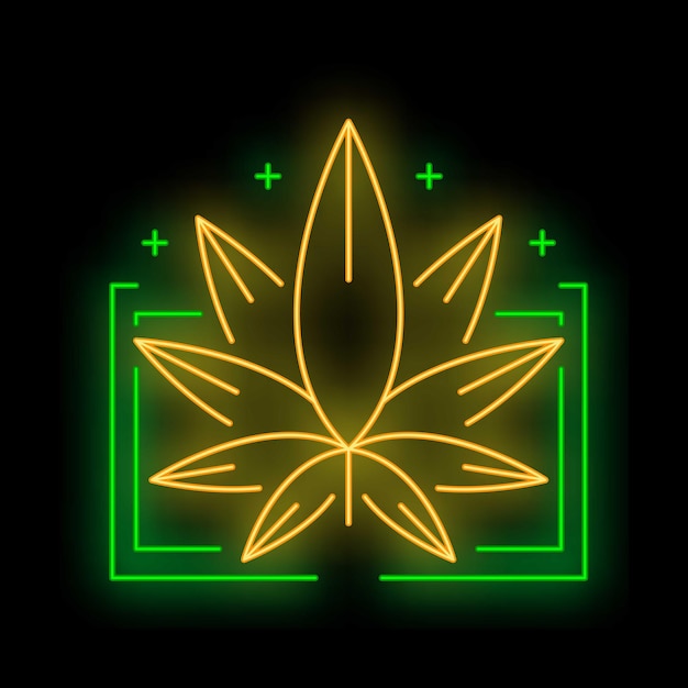 Glowing neon cannabis marijuana leaf sign on black background