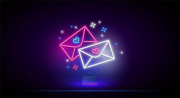 Glowing neon envelope with a heart love letter neon signboard valentine greeting card simple vector ...