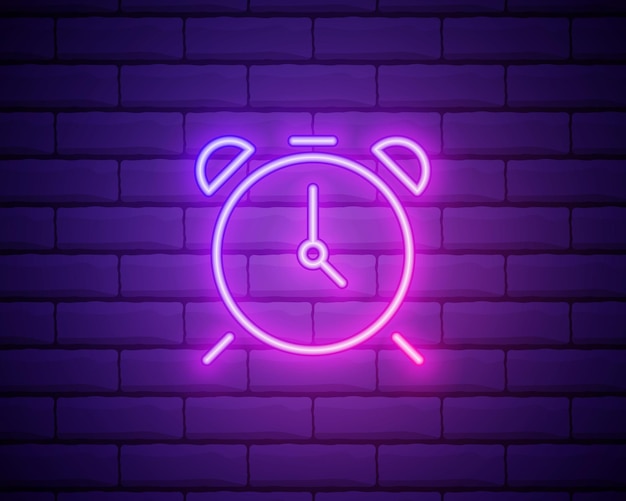 Glowing neon line Alarm clock icon isolated on brick wall background Wake up get up concept Time sign Vector Illustration