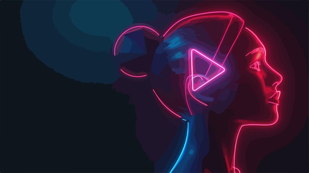 Vector glowing neon line art of head people with play button