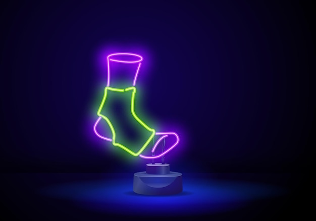 Glowing neon line baseball sock icon isolated on brick wall background