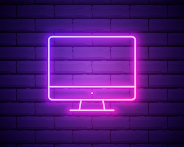 Glowing neon line Computer monitor screen icon isolated on brick wall background Electronic device Front view Colorful outline concept Vector