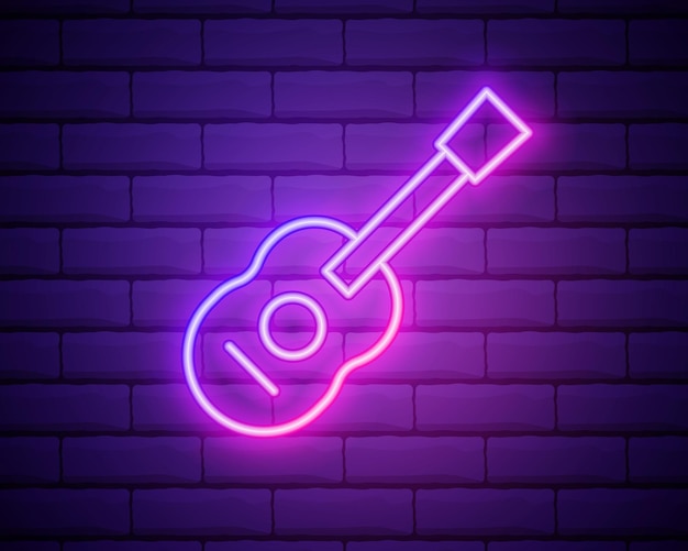 Glowing neon line Guitar icon isolated on brick wall background Acoustic guitar String musical instrument Vector Illustration