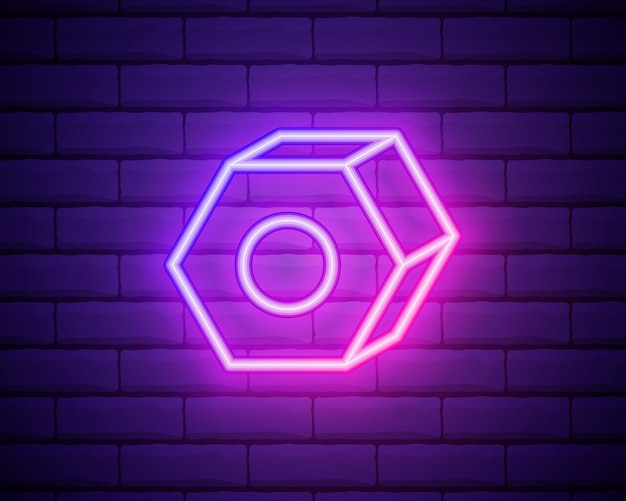 Glowing neon line Hexagonal metal nut icon isolated on brick wall background Vector Illustration