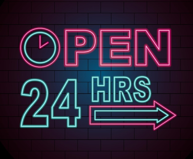 Vector glowing neon open 24 hours sign template