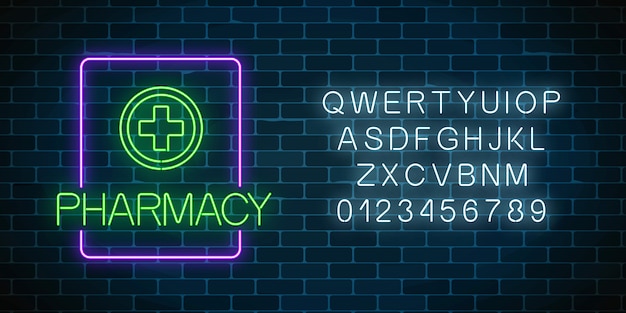 Glowing neon pharmacy signboard with alphabet. Illuminated drugstore sign with neon effect.