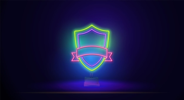 A glowing neon shield line icon isolated on a background with a stand. Security sign. Colorful contour concept. Vector