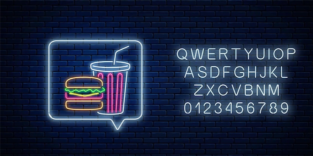 Glowing neon sign of burger and soda drink cup in message notification frame with alphabet