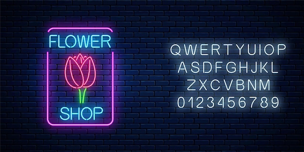 Glowing neon sign of floral shop in rectangle frame with alphabet  